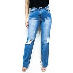 Avec les Filles high waisted mom jeans distressed raw split hem